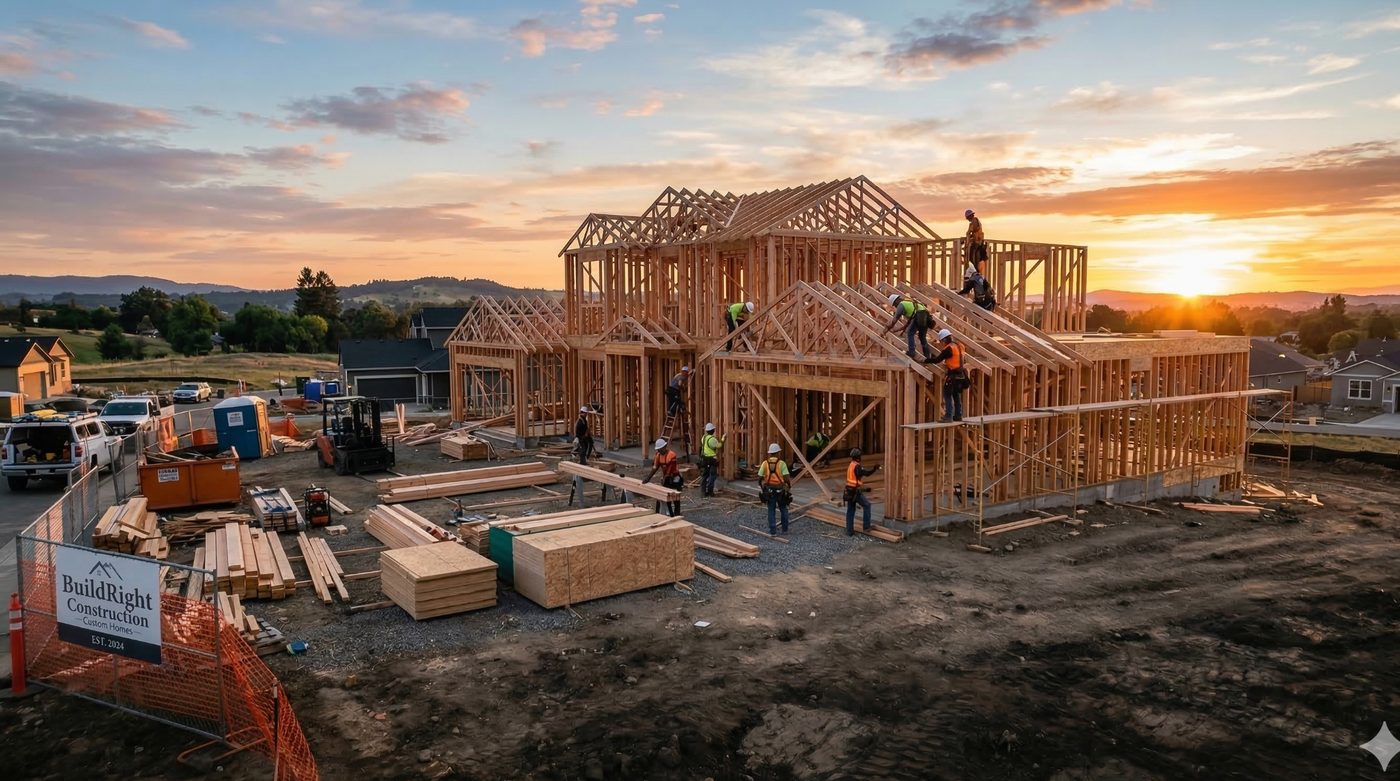 BuildRight construction site at golden hour