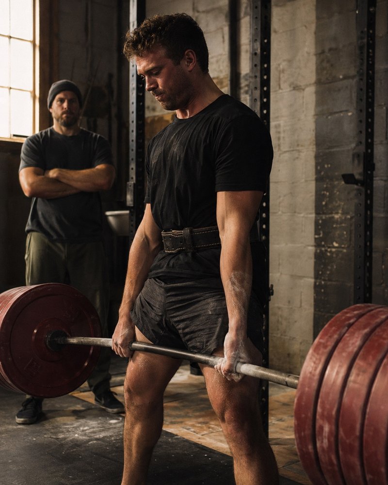 A heavy deadlift in progress at Iron Hollow, with a coach watching from the background.